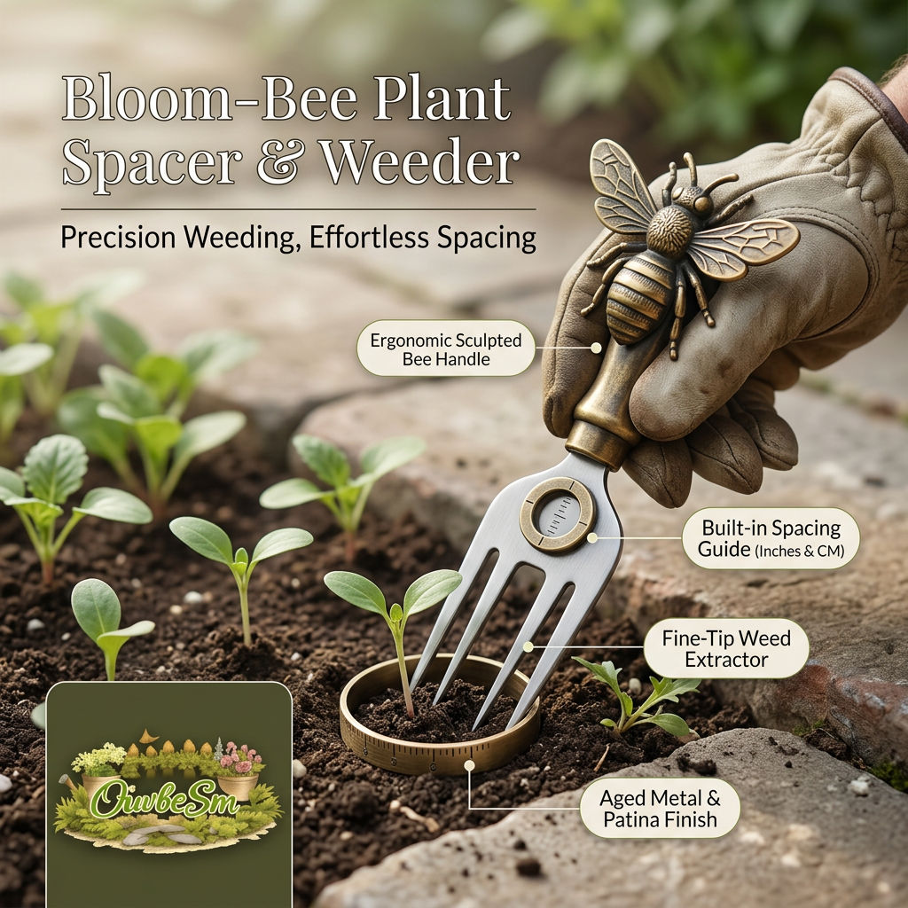 OiwbcSm™ Bloom-Bee Plant Spacer & Weeder | 2-in-1 Ergonomic Hand Weeding Tool with Sculpted Bee Handle, Built-in Spacing Guide (Inches & Metric), Fine-Tip Weed Extractor Fork, Aged Metal Patina Finish Gardening Gift