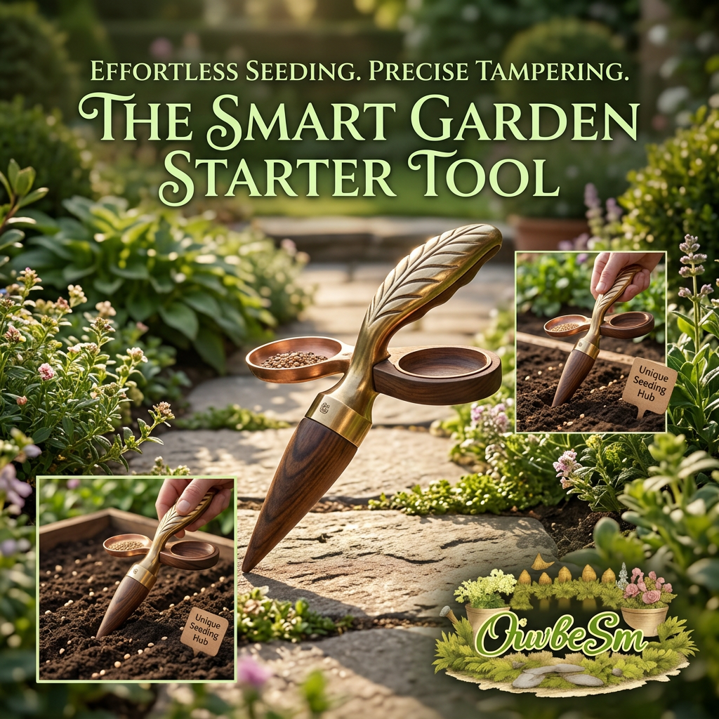 OiwbcSm™ 3-in-1 Smart Garden Starter Tool | Premium Brass & Hardwood Seed Dibber, Dual-Cup Sowing Dispenser & Soil Tamper | Ergonomic Handheld Seedling Transplanter for Home Gardening