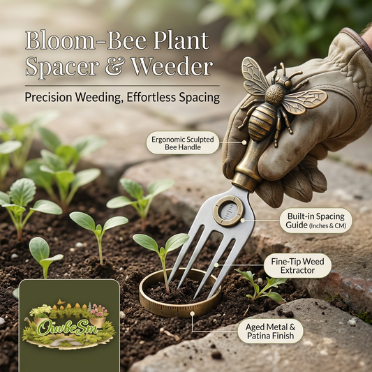 OiwbcSm™ Bloom-Bee Plant Spacer & Weeder | 2-in-1 Ergonomic Hand Weeding Tool with Sculpted Bee Handle, Built-in Spacing Guide (Inches & Metric), Fine-Tip Weed Extractor Fork, Aged Metal Patina Finish Gardening Gift