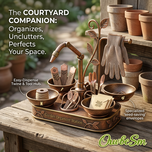 OiwbcSm™ Garden Organizer Station | Vintage Copper-Tone Gardening Tool Caddy | Outdoor Courtyard & Patio Organizer with Glove Hanger, Twine Dispenser, Seed-Saving Bowls & Plant Labels