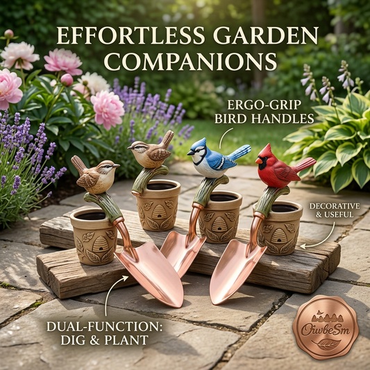 OiwbcSm™ 4-Piece Decorative Garden Hand Trowel Set with Ceramic Pot Holders - Ergonomic Hand-Painted Bird Handle Copper-Plated Shovels, Premium Gardening Gift for Bird Lovers & Gardeners, Dual-Function Digging & Planting Tools