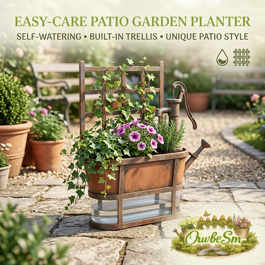 OiwbcSm™ Self-Watering Patio Garden Planter with Built-in Trellis, Vintage Water Pump Style Decorative Flower Pot with Clear View Reservoir Window, Outdoor/Indoor Plant Container for Climbing Vines, Ivy, Flowers and Herbs